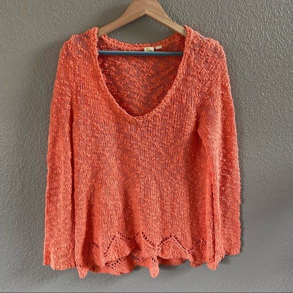 Anthropologie Yellow Bird Pointelle Sweater Coral V-neck nubby twist back hi low - Picture 4 of 11